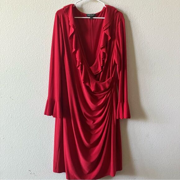 Lauren Ralph Lauren Red 90s Wrap Style Ruffle V Neck Long Sleeve Maxi Dress 20W - Picture 1 of 8
